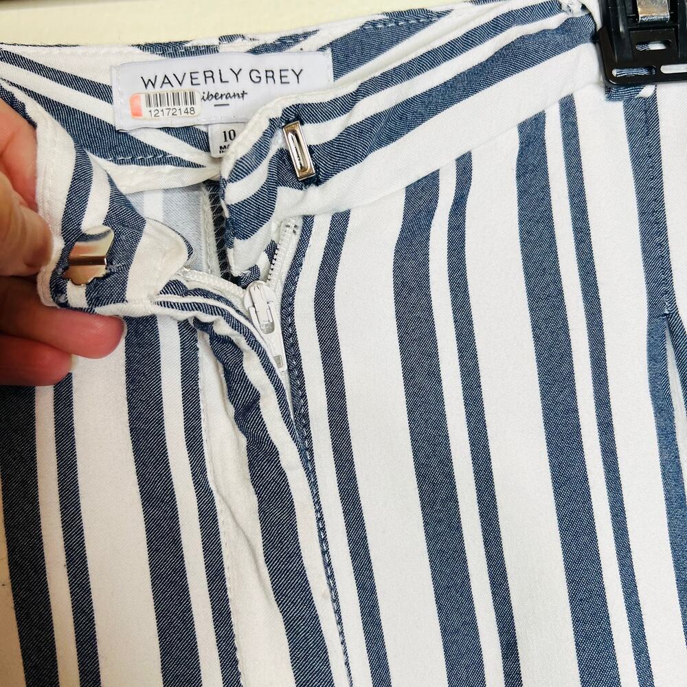 Waverly Grey Pants w Pockets 10 Blue White Stripe Wide Leg Casual Cropped Rayon - Picture 6 of 10